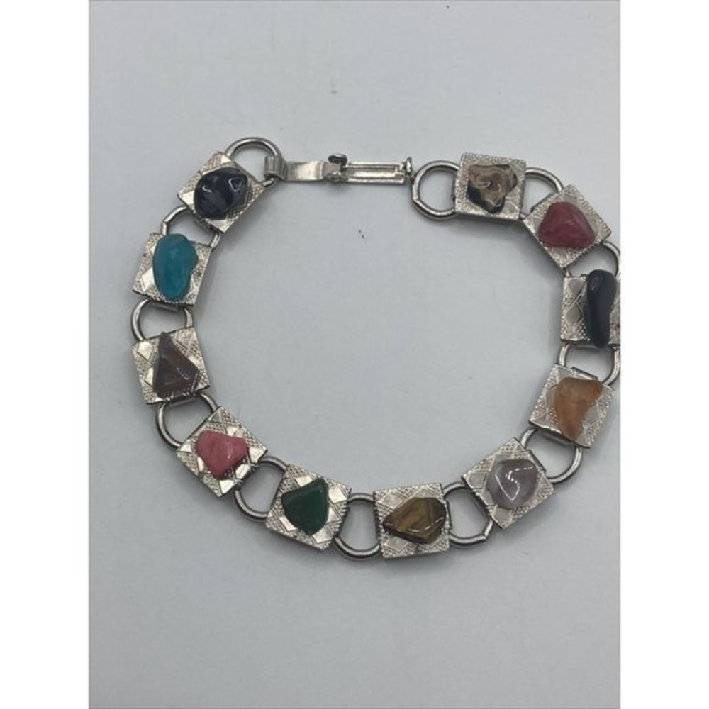Gem Stone Chips Link‎ Silver Tone Fold over Clasp 7" Estate Bracelet